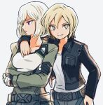  2girls arm_around_shoulder belt black_jacket blonde_hair breasts crossed_arms grin irina_akulov jacket kokkou_1 long_sleeves looking_to_the_side medium_breasts multiple_girls murderess_(xenoblade_x) shirt short_hair simple_background smile upper_body violet_eyes white_background white_hair white_shirt xenoblade_chronicles_(series) xenoblade_chronicles_x yellow_eyes 