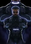  1boy beard black_panther_(film) black_panther_(marvel) bodysuit chadwick_boseman closed_eyes dark_skin english_commentary english_text facial_hair facing_viewer halo highres male_focus marvel panther solo standing t&#039;challa tovio_rogers x_arms 