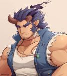  1boy bara chest dark_blue_hair facial_hair fang highres horns jewelry male_focus manly muscle necklace red_eyes scar short_hair sideburns sleeveless sleeveless_jacket solo stubble takemaru_(tokyo_houkago_summoners) terraxle thick_eyebrows tokyo_houkago_summoners torn_clothes upper_body 