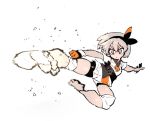  1girl barefoot bea_(pokemon) black_bodysuit black_bow black_hairband bodysuit bow bow_hairband closed_mouth gloves grey_eyes grey_hair hair_bow hairband highres incoming_attack kicking looking_at_viewer motion_blur pokemon pokemon_(game) pokemon_swsh shirt short_sleeves shorts single_glove solo ssambatea v-shaped_eyebrows white_shirt 