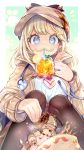  1girl animal bangs black_legwear blonde_hair blue_eyes blush breasts commentary_request cup deerstalker detective dog drinking_glass drinking_straw facial_hair food fork from_below fruit hair_ornament hat highres holding holding_cup hololive hololive_english kamiya_zuzu large_breasts lemon lemon_slice long_hair long_sleeves looking_at_viewer mustache mustache_print necktie noodles shirt sitting smile solo stethoscope virtual_youtuber watson_amelia 