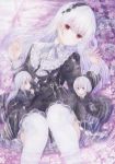  3girls black_dress blush breasts cherry_blossoms colored_pencil_(medium) darkkanan doll dress eyes_visible_through_hair gothic_lolita graphite_(medium) hairband highres lolita_fashion lolita_hairband long_hair looking_at_viewer lying medium_breasts multiple_girls on_back original red_eyes thigh-highs traditional_media violet_eyes watercolor_(medium) white_hair white_legwear 