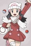  1girl arm_up bag beanie black_hair boots buttons coat commentary_request hikari_(pokemon) duffel_bag eyelashes grey_eyes hair_ornament hairclip hat highres long_hair long_sleeves looking_at_viewer official_style open_mouth over-kneehighs pink_footwear poke_ball poke_ball_(basic) pokemon pokemon_(game) pokemon_dppt pokemon_platinum red_coat sawa_(soranosawa) scarf sidelocks smile solo teeth thigh-highs tongue white_headwear white_legwear white_scarf winter_clothes 