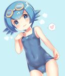  1girl aqua_background bangs bare_arms blue_eyes blue_hair blush breasts collarbone commentary_request covered_navel eyebrows_visible_through_hair goggles goggles_on_head hand_up heart highres lana_(pokemon) one-piece_swimsuit open_mouth pokemon pokemon_(game) pokemon_sm porocha shiny short_hair small_breasts solo spoken_heart swimsuit tongue 
