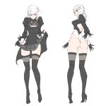  1girl ass black_dress cosplay dress english_commentary high_heels highres holding holding_clothes holding_dress kaine_(nier) leotard looking_at_viewer looking_back looking_down nier nier_(series) nier_automata ozkh6 scowl solo thigh-highs white_hair yellow_eyes yorha_no._2_type_b yorha_no._2_type_b_(cosplay) 
