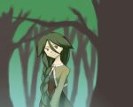  braid forest green_eyes green_hair hair_over_shoulder long_hair momi_(pokemon) nature pokemon single_braid smile solo tree 