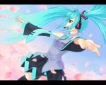  blue_eyes cherry_blossoms detached_sleeves hatsune_miku letterboxed long_hair mishima_yoshikatsu nail_polish necktie outstretched_arms petals thigh-highs thighhighs twintails vocaloid 