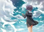  birds cloud clouds ef hair_ornament hairclip kazuki_sanbi purple_hair school_uniform shindou_chihiro sky 