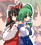  back-to-back back_to_back black_hair detached_sleeves green_hair hakurei_reimu japanese_clothes kochiya_sanae miko multiple_girls red_eyes touhou 