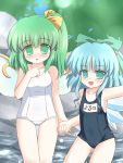  blue_eyes blue_hair cirno daiyousei green_eyes green_hair hand_holding holding_hands multiple_girls name_tag one-piece_swimsuit ribbon ribbons ry school_swimsuit short_hair side_ponytail swimsuit touhou wings 