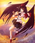  black_wings book don feathers flying geta hat highres pen shameimaru_aya short_hair sky sunset tengu-geta touhou wings wrist_cuffs wristband 