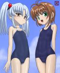  blush brown_hair card_captor_sakura cardcaptor_sakura crossover faker flat_chest green_eyes hoshino_ruri keny kidou_senkan_nadesico kinomoto_sakura long_hair martian_successor_nadesico one-piece_swimsuit school_swimsuit short_hair smile standing swimsuit twintails yellow_eyes 