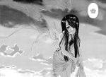  angel black_hair jpeg_artifacts long_hair manga monochrome skuld sky smile solo water wings 