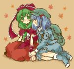  bad_id bag blue_hair closed_eyes front_ponytail green_hair hat kagiyama_hina kawashiro_nitori long_hair multiple_girls ribbon ribbons short_hair sitting smile tairi touhou wrist_grab yuri 