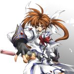  ahoge angry bow brooch brown_hair delusion_overdose fingerless_gloves frown gloves jacket jewelry long_hair magical_girl mahou_shoujo_lyrical_nanoha mahou_shoujo_lyrical_nanoha_strikers matsuno_canel purple_eyes raising_heart shadow skirt solo spiked_hair staff standing takamachi_nanoha twintails violet_eyes weapon 
