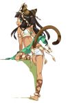  1girl akr_et animal_ears ankle_lace-up anklet barefoot bastet_(p&amp;d) black_hair cat_ears cat_tail cross-laced_footwear crown dark_skin earrings egyptian fang green_eyes jewelry long_hair looking_at_viewer looking_back midriff open_mouth puzzle_&amp;_dragons simple_background solo tail white_background 