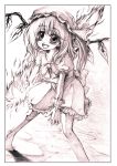  barefoot blush fang fire flandre_scarlet graphite_(medium) hat monochrome open_mouth side_ponytail smile solo sugai tiptoes touhou traditional_media wings 