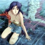  cross crucifixion cutoffs denim_skirt down_blouse highres jewelry katsuragi_misato lance_of_longinus lilith_(evangelion) necklace neon_genesis_evangelion purple_hair strap_slip tank_top torn_clothes 