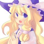  blue_eyes bust hat kirisame_marisa long_hair looking_at_viewer no_nose open_mouth saiste simple_background steepled_fingers touhou witch_hat 
