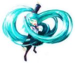  closed_eyes dancing detached_sleeves feral_lemma green_hair hatsune_miku headphones highres long_hair nail_polish simple_background standing thigh-highs thigh_boots thighhighs twintails vocaloid 