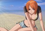  breasts cleavage cloud clouds highres large_breasts nami ocean one_piece orange_hair red_eyes sea short_hair skirt sky torn_clothes wallpaper wide_hips 