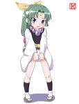  blue_eyes blunt_bangs blush faker flat_chest green_hair hair_ribbon hair_ribbons hairband headband japanese_clothes jewelry keny long_hair miyabi necklace ninin_ga_shinobuden ponytail ribbon ribbons skirt skirt_lift smiley_face standing 