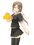  brown_eyes brown_hair dasoku_sentarou glasses obento obentou original ponytail school_uniform serafuku thigh-highs thighhighs zettai_ryouiki 