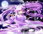  clamp_gakuen_tanteidan closed_eyes flute glowing hair_ribbon instrument instruments japanese_clothes kimono moon night petals purple_hair ribbon signature standing star twintails yukirin 