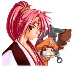  baiken breasts chibi cleavage guilty_gear japanese_clothes kataginu kimono long_hair may may_(guilty_gear) o_o one-eyed pink_hair ponytail red_eyes redhead scar stuffed_animal stuffed_toy tears teddy_bear white_background 