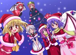  blonde_hair blue_hair christmas flandre_scarlet hat hong_meiling izayoi_sakuya koakuma long_hair patchouli_knowledge purple_hair red_hair redhead remilia_scarlet ribbon ribbons santa_costume short_hair touhou wings 