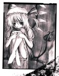  expressionless feet flandre_scarlet hat knees_on_chest laevatein monochrome side_ponytail sitting sugai touhou wings 