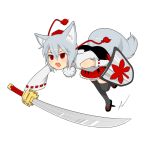  detached_sleeves fang geta inubashiri_momiji red_eyes shield silver_hair sword tail tengu-geta thigh-highs thighhighs torque touhou weapon wolf_ears wolf_tail 