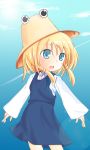  blue_eyes blush cloud clouds hat moriya_suwako ribbon ribbons short_hair sky touhou 