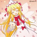  15_(tooka) 1girl ^_^ blonde_hair bow capelet closed_eyes dress fairy_wings hat lily_white open_mouth petals smile touhou wings 