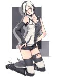  boots choker elbow_gloves futaba_channel gloves heterochromia iwai_ryo iwai_ryou kneeling multicolored_hair red_eyes rusty short_hair shorts thigh-highs thighhighs torn_clothes torn_thighhighs 