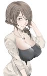  1girl armored_core_2 bad_id breasts brown_eyes brown_hair cleavage drill_hair huge_breasts jewelry kawaguchi_yukihiro mole necklace nell_aulter shirt solo 