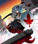  bad_id blue_hair inubashiri_momiji japanese_clothes mountain mountains nagasawa_shin red_eyes shield short_hair sunset sword torii touhou weapon wolf_ears 