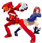  canti cat clenched_hand fighting_pose fighting_stance flcl jinroku open_mouth plaid red_eyes red_hair robot samejima_mamimi school_uniform serafuku short_hair skirt socks takkun 