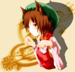  bad_id brown_hair cat_ears chen earrings hat jewelry paw_pose red_eyes short_hair solo touhou yae_(artist) 
