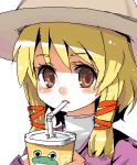  blonde_hair drink drinking frog hat lowres moriya_suwako ribbon ribbons short_hair smarttiger straw touhou 