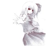  foreshortening graphite_(medium) hair_ribbon looking_at_viewer monochrome outstretched_arms outstretched_hand pointy_ears red_eyes ribbon rumia slit_pupils solo spot_color spread_arms sugai touhou traditional_media 