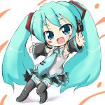  aqua_hair armpits arms_spread boots chibi detached_sleeves fang hatsune_miku headphones kojima_tsuma long_hair lowres miniskirt necktie outstretched_arms shadow simple_background skirt spread_arms standing thigh-highs thigh_boots thighhighs twintails vocaloid 