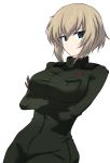  1girl absurdres aikir_(jml5160) bangs blonde_hair blue_eyes closed_mouth commentary crossed_arms dutch_angle eyebrows_visible_through_hair girls_und_panzer glaring green_jumpsuit highres insignia jumpsuit katyusha_(girls_und_panzer) light_frown looking_at_viewer older pravda_military_uniform short_hair simple_background solo standing white_background 