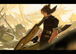  1boy absurdres arknights black_hair black_pants black_shirt covered_abs covered_pectorals crt daziran_de_duqiyan hand_in_pocket highres holding holding_weapon letterboxed male_focus outdoors pants parted_lips pectorals red_eyes rubble shirt short_hair solo weapon windflit_(arknights) 