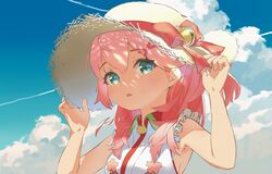  1girl absurdres armpits bell blue_sky cumulonimbus_cloud eyebrows_visible_through_hair green_eyes hair_ornament hair_over_shoulder hairclip hat hat_bell highres holding holding_clothes holding_hat hololive illui_desu pink_hair sakura_miko sky solo summer sun_hat virtual_youtuber x_hair_ornament 