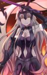  1girl armor armored_dress breasts chain clothing_cutout cowboy_shot fate/grand_order fate_(series) fur_trim grey_hair headpiece highres jeanne_d&#039;arc_(alter)_(fate) jeanne_d&#039;arc_(fate)_(all) long_hair medium_breasts navel navel_cutout sii_artatm solo sword very_long_hair weapon yellow_eyes 