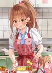  1girl apron blush brown_hair chopsticks eyes_visible_through_hair green_eyes highres indoors kitchen long_hair lunch multiple_views obentou open_mouth original ponytail school_uniform standing unjem 