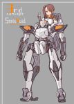  1girl bangs blush bodysuit breasts brown_hair closed_mouth commentary_request eyebrows_visible_through_hair grey_background hand_up headgear kopaka_(karda_nui) orange_eyes original robot side_ponytail sidelocks sitting small_breasts smile solo v white_bodysuit 