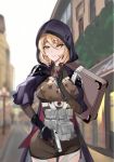 1girl absurdres alternate_costume beretta_px4 black_gloves blonde_hair blush bracelet breasts city cloak closed_mouth eyebrows_visible_through_hair finger_to_mouth girls_frontline gloves green_eyes gun handgun highres holding holding_gun holding_weapon hood hooded_cloak jewelry looking_at_viewer medium_breasts medium_hair mole mole_under_eye pistol priest77 purple_cloak px4_storm_(girls_frontline) smile solo tagme weapon 