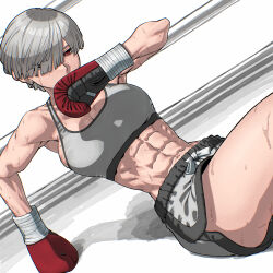  bowl_cut boxing boxing_gloves collarbone grey_hair grey_sports_bra highres muscular muscular_female original red_eyes rggr sports_bra 